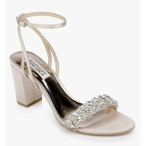 Badgley Mischka Nadine Jewel Block Heel Womens Silver Rhinestone Bridal Shoes